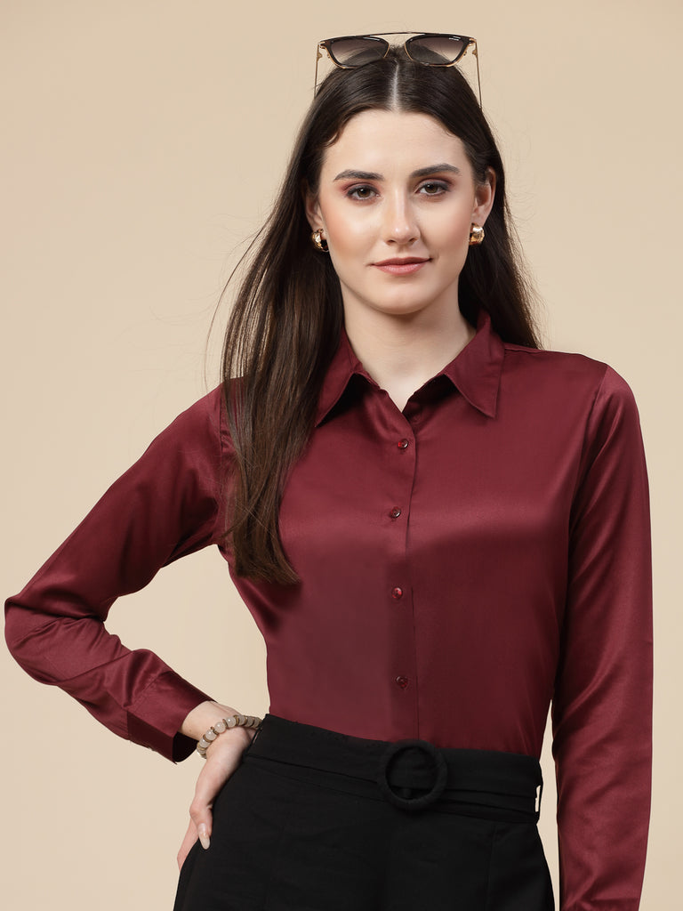 Style Quotient Women Maroon Satin Regular Formal Shirt-Shirts-StyleQuotient