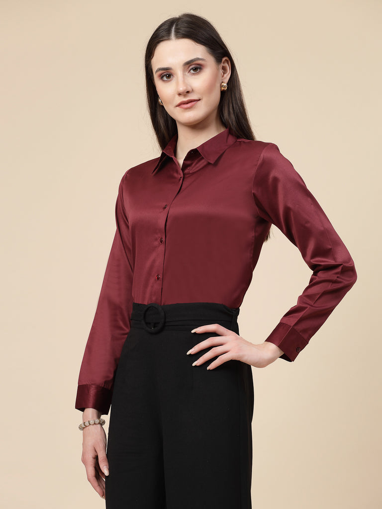 Style Quotient Women Maroon Satin Regular Formal Shirt-Shirts-StyleQuotient