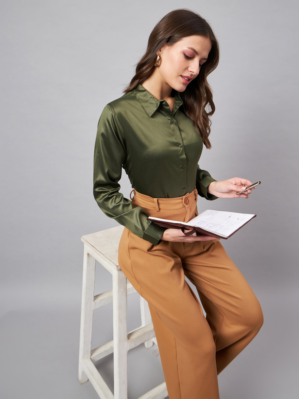 Style Quotient Women Olive Satin Regular Formal Shirt-Shirts-StyleQuotient