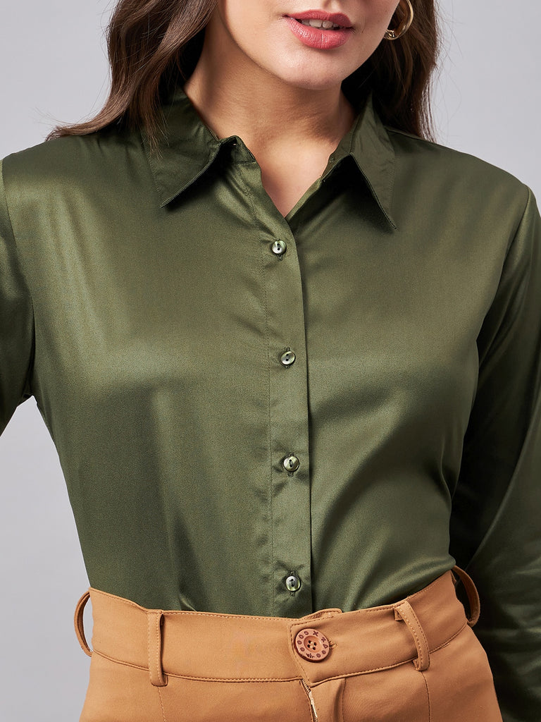 Style Quotient Women Olive Satin Regular Formal Shirt-Shirts-StyleQuotient