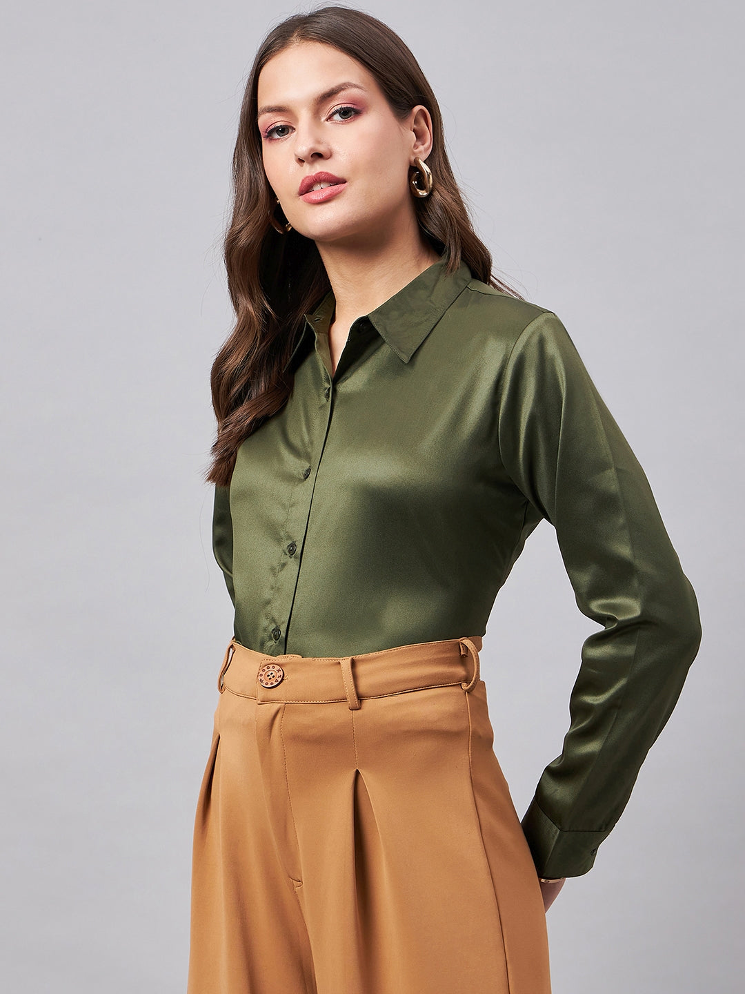 Style Quotient Women Olive Satin Regular Formal Shirt-Shirts-StyleQuotient