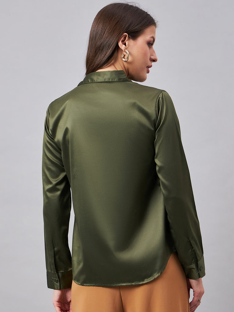 Style Quotient Women Olive Satin Regular Formal Shirt-Shirts-StyleQuotient