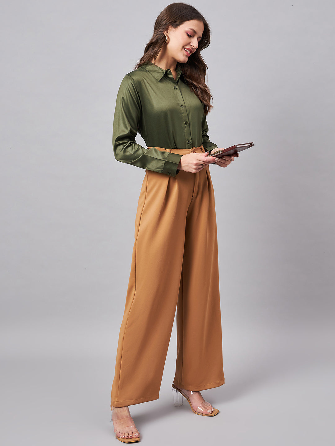 Style Quotient Women Olive Satin Regular Formal Shirt-Shirts-StyleQuotient