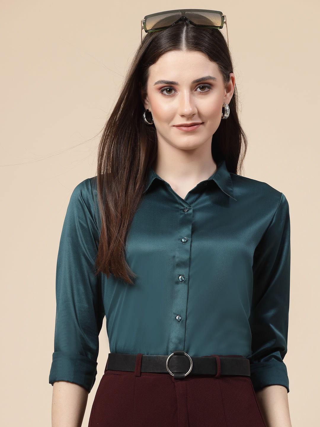 Style Quotient Women Teal Satin Regular Formal Shirt-Shirts-StyleQuotient