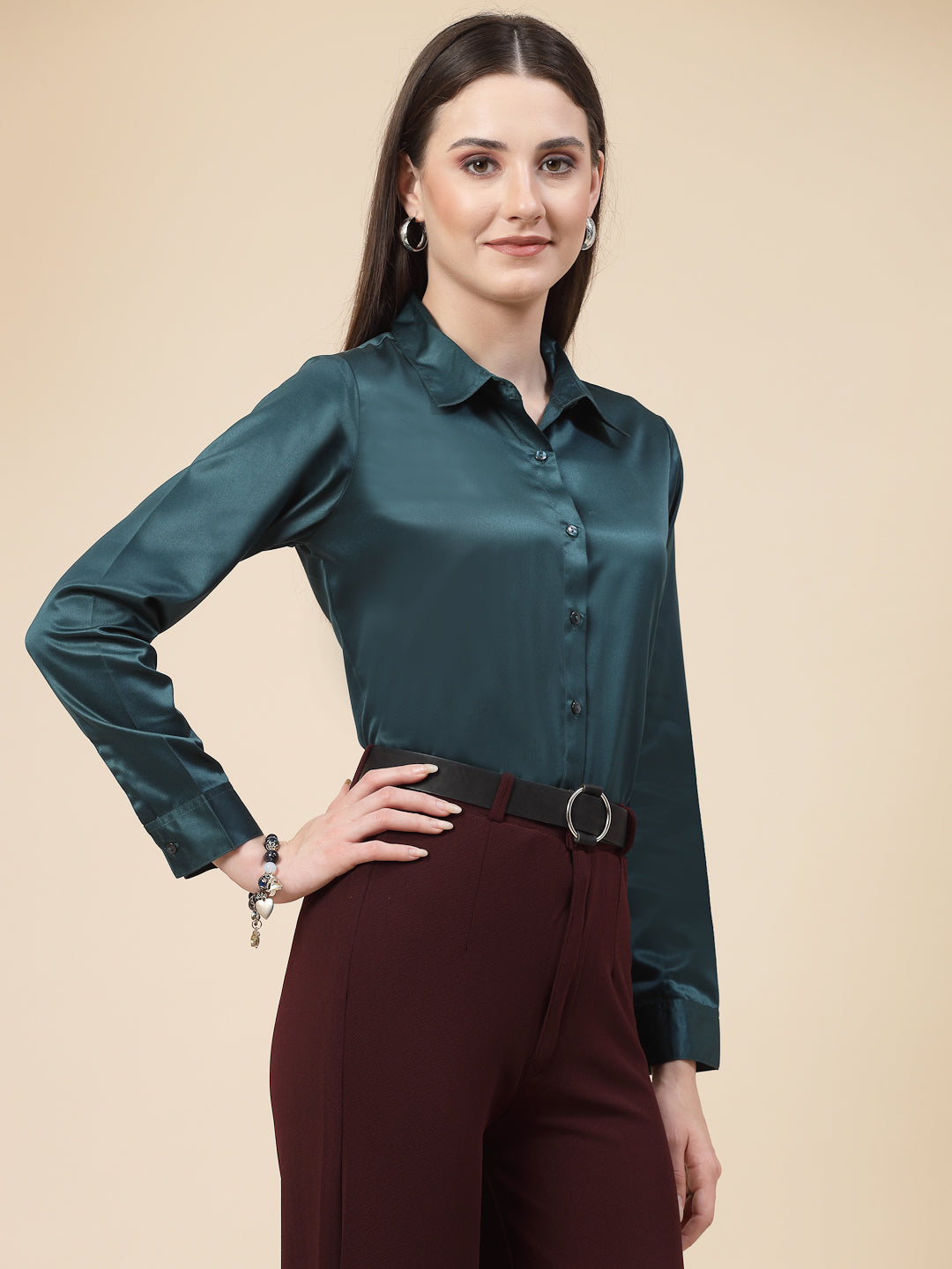 Style Quotient Women Teal Satin Regular Formal Shirt-Shirts-StyleQuotient