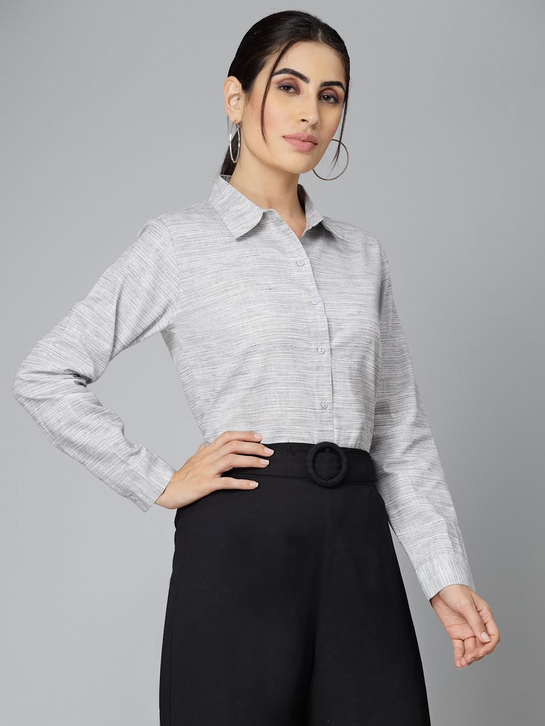 Style Quotient Women Self Design Grey polycotton Formal Shirt-Shirts-StyleQuotient