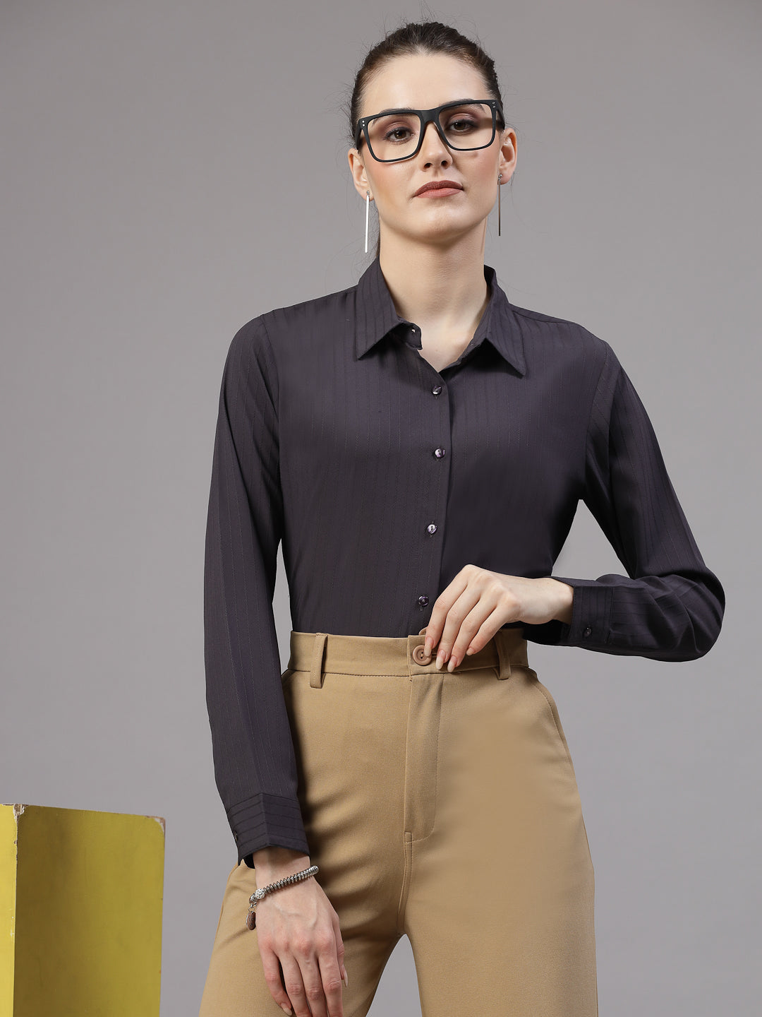 Style Quotient Women Charcoal Grey Self Design Regular Polyester Formal Shirt-Shirts-StyleQuotient