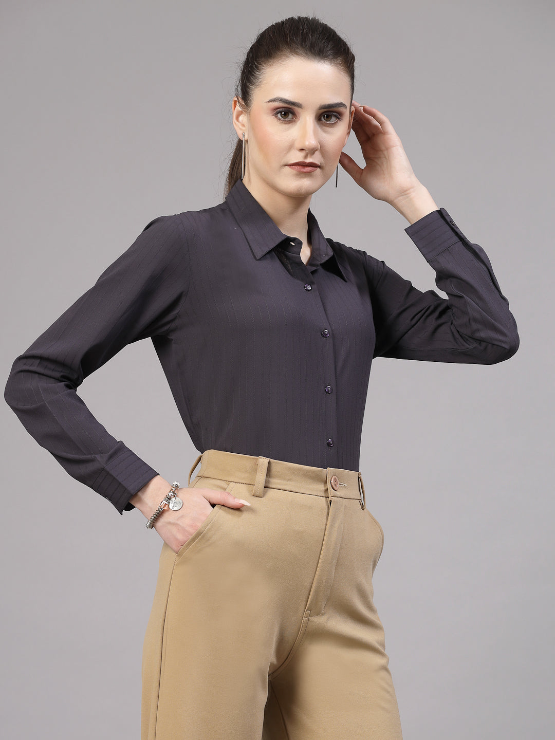 Style Quotient Women Charcoal Grey Self Design Regular Polyester Formal Shirt-Shirts-StyleQuotient