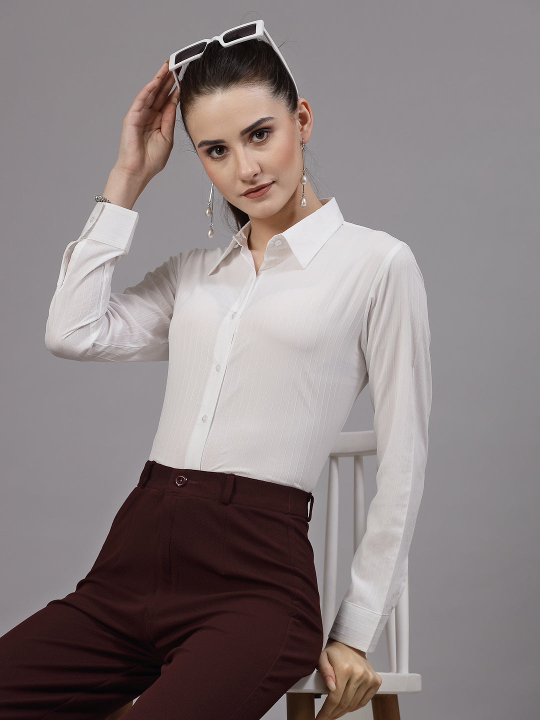 Style Quotient Women White Self Design Regular Polyester Formal Shirt-Shirts-StyleQuotient