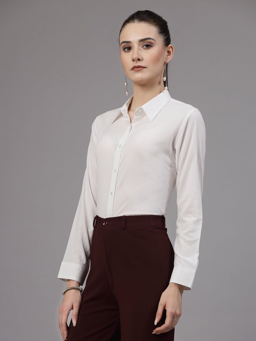 Style Quotient Women White Self Design Regular Polyester Formal Shirt-Shirts-StyleQuotient