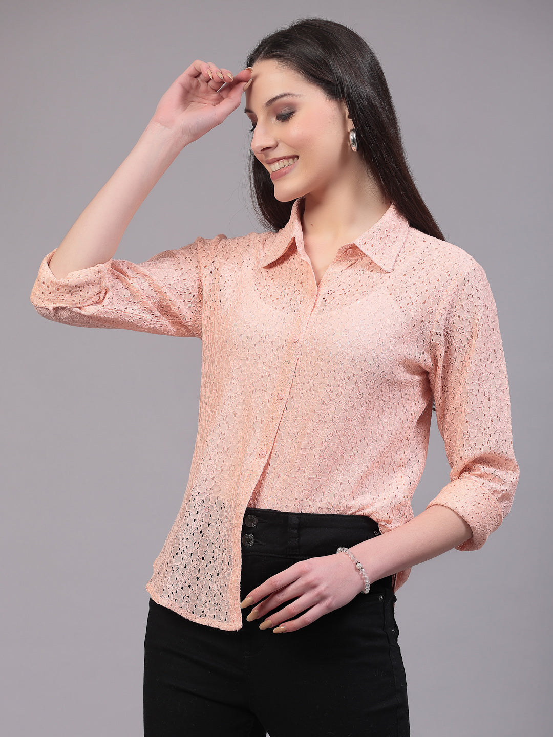 Style Quotient Women Self Design Nude Lace Regular Shirt-Shirts-StyleQuotient