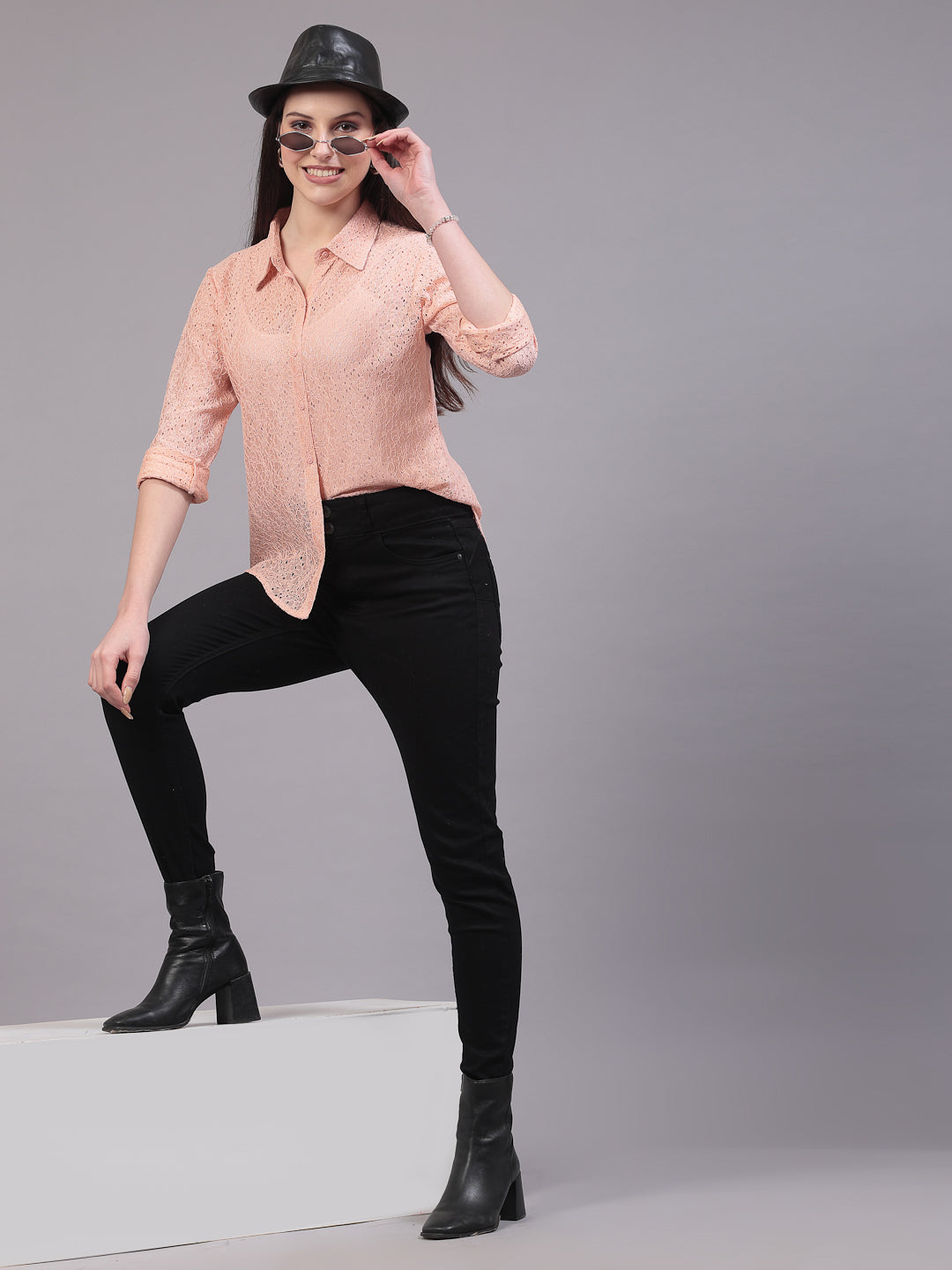 Style Quotient Women Self Design Nude Lace Regular Shirt-Shirts-StyleQuotient