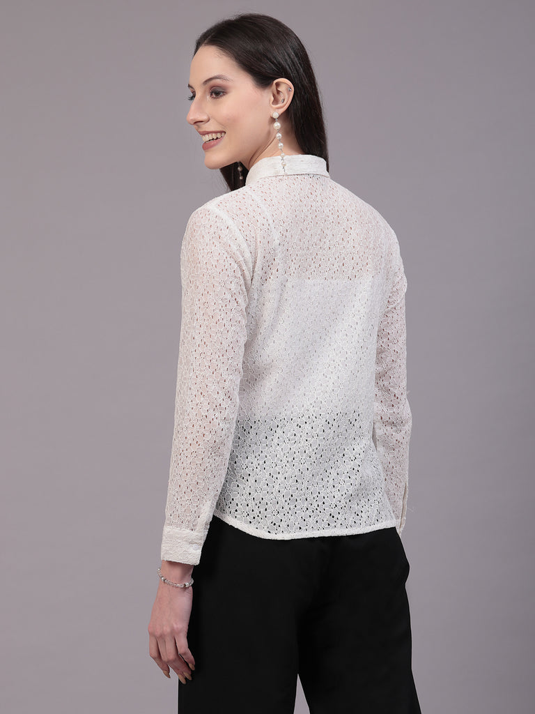 Style Quotient Women Self White Lace Regular Shirt-Shirts-StyleQuotient