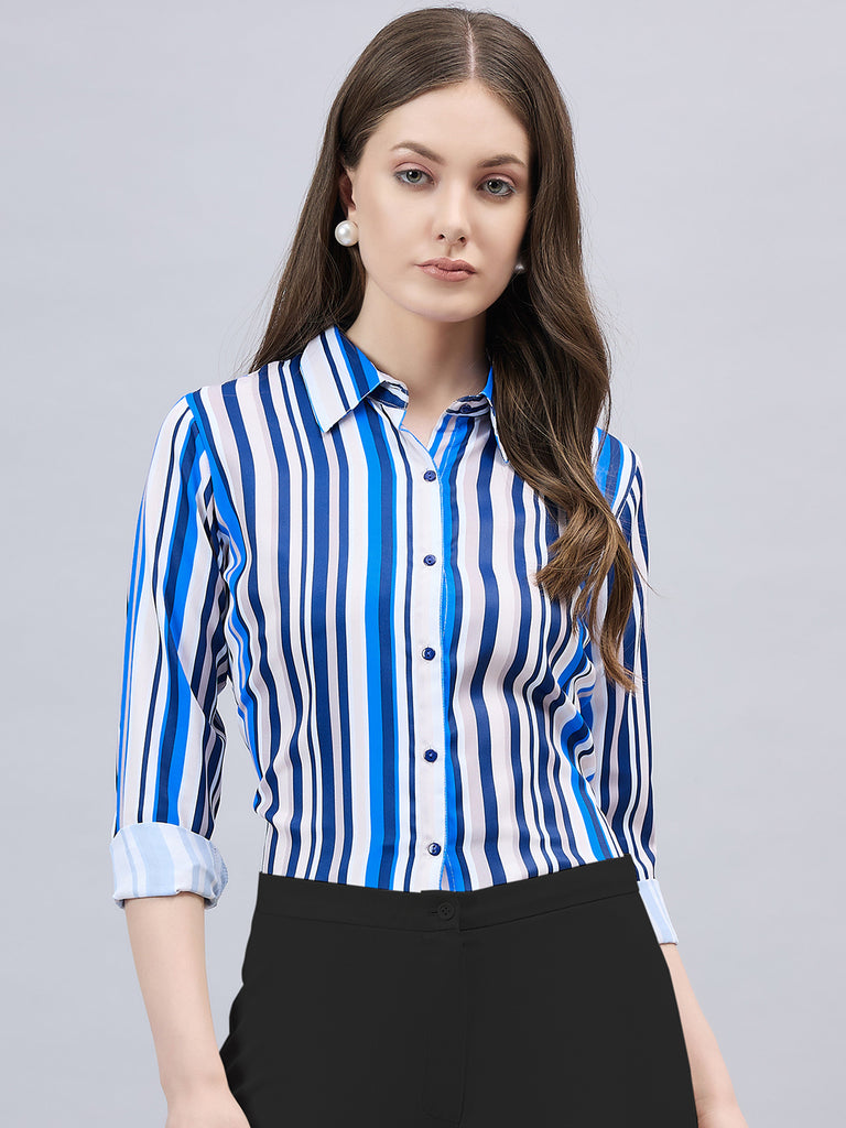 Style Quotient Women Blue And Multi Stripe Printed Polyester Regular Fit Formal Shirt-Shirts-StyleQuotient