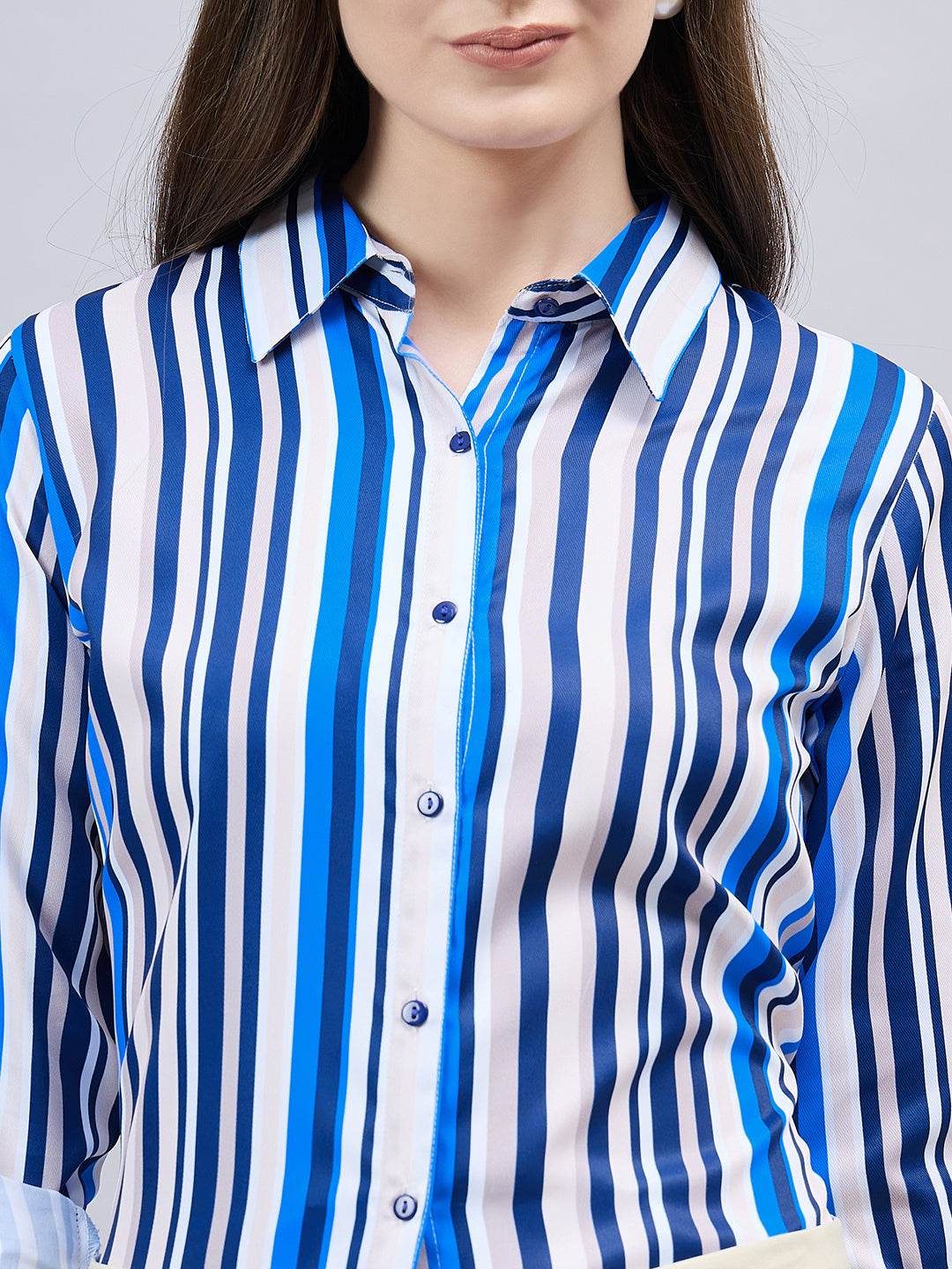 Style Quotient Women Blue And Multi Stripe Printed Polyester Regular Fit Formal Shirt-Shirts-StyleQuotient