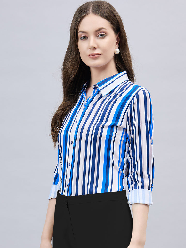 Style Quotient Women Blue And Multi Stripe Printed Polyester Regular Fit Formal Shirt-Shirts-StyleQuotient