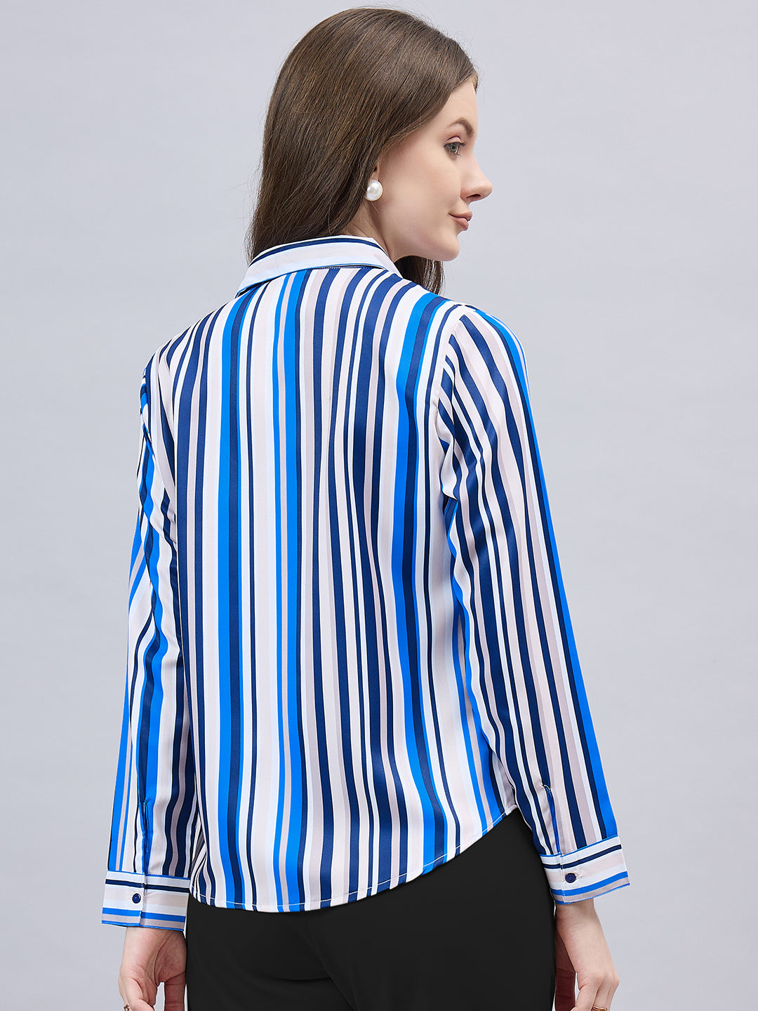 Style Quotient Women Blue And Multi Stripe Printed Polyester Regular Fit Formal Shirt-Shirts-StyleQuotient