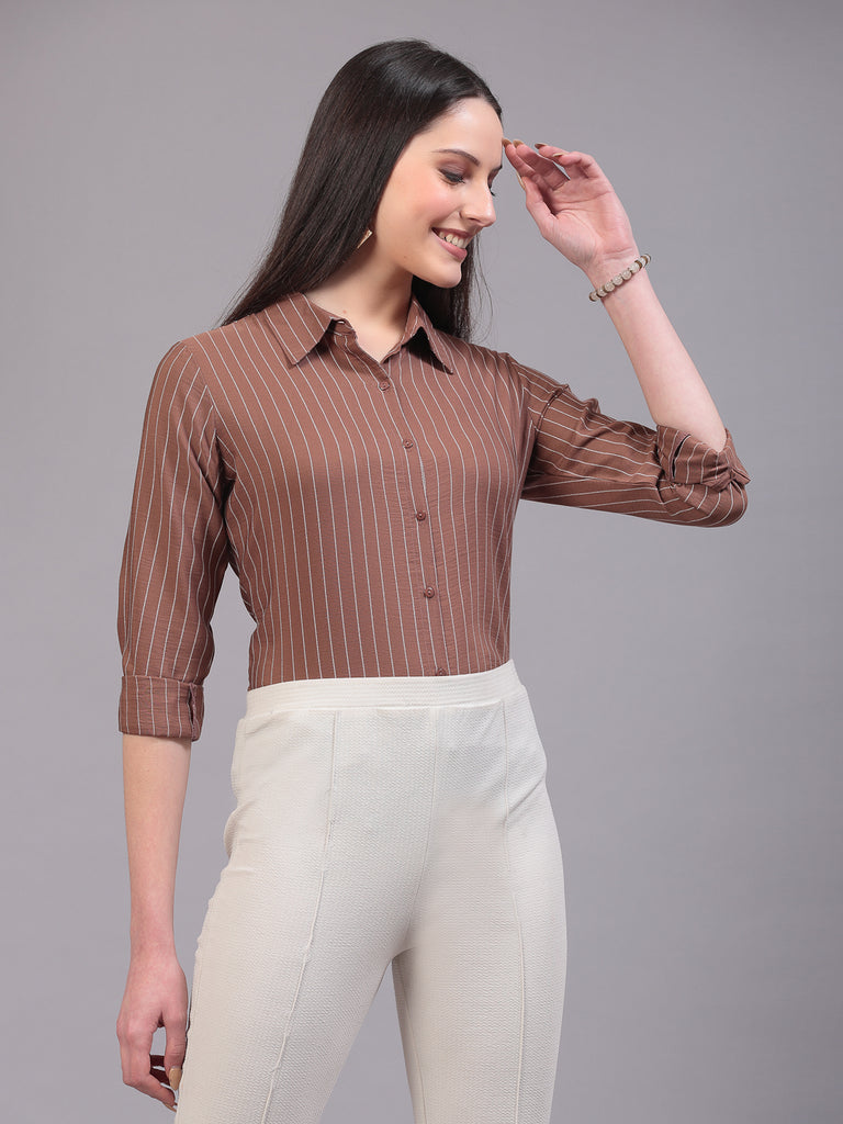 Style Quotient Women Smart Camel Stripe Spread Collar Full Sleeve Shirt-Shirts-StyleQuotient