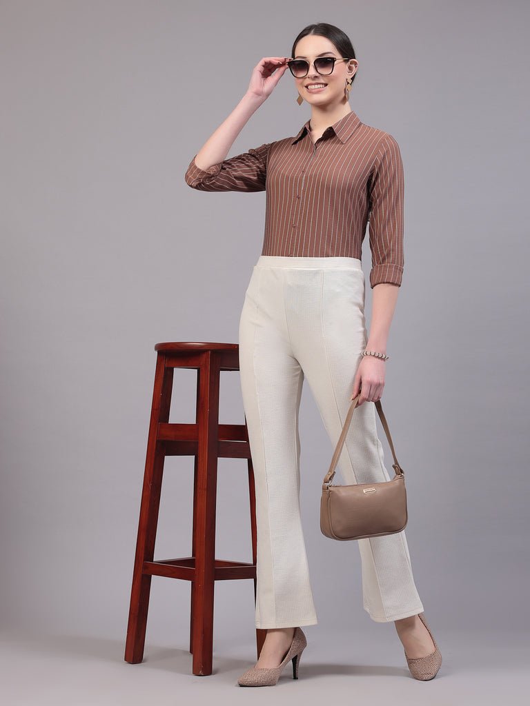 Style Quotient Women Smart Camel Stripe Spread Collar Full Sleeve Shirt-Shirts-StyleQuotient