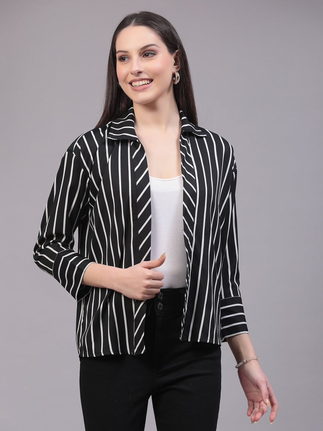 Style Quotient Women Casual Black and White Stripe Spread Collar Full Sleeve Shrug-Shrug-StyleQuotient