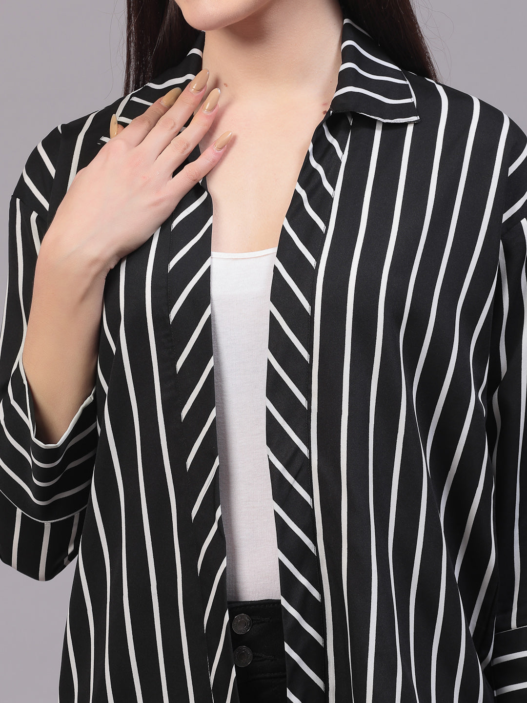 Style Quotient Women Casual Black and White Stripe Spread Collar Full Sleeve Shrug-Shrug-StyleQuotient