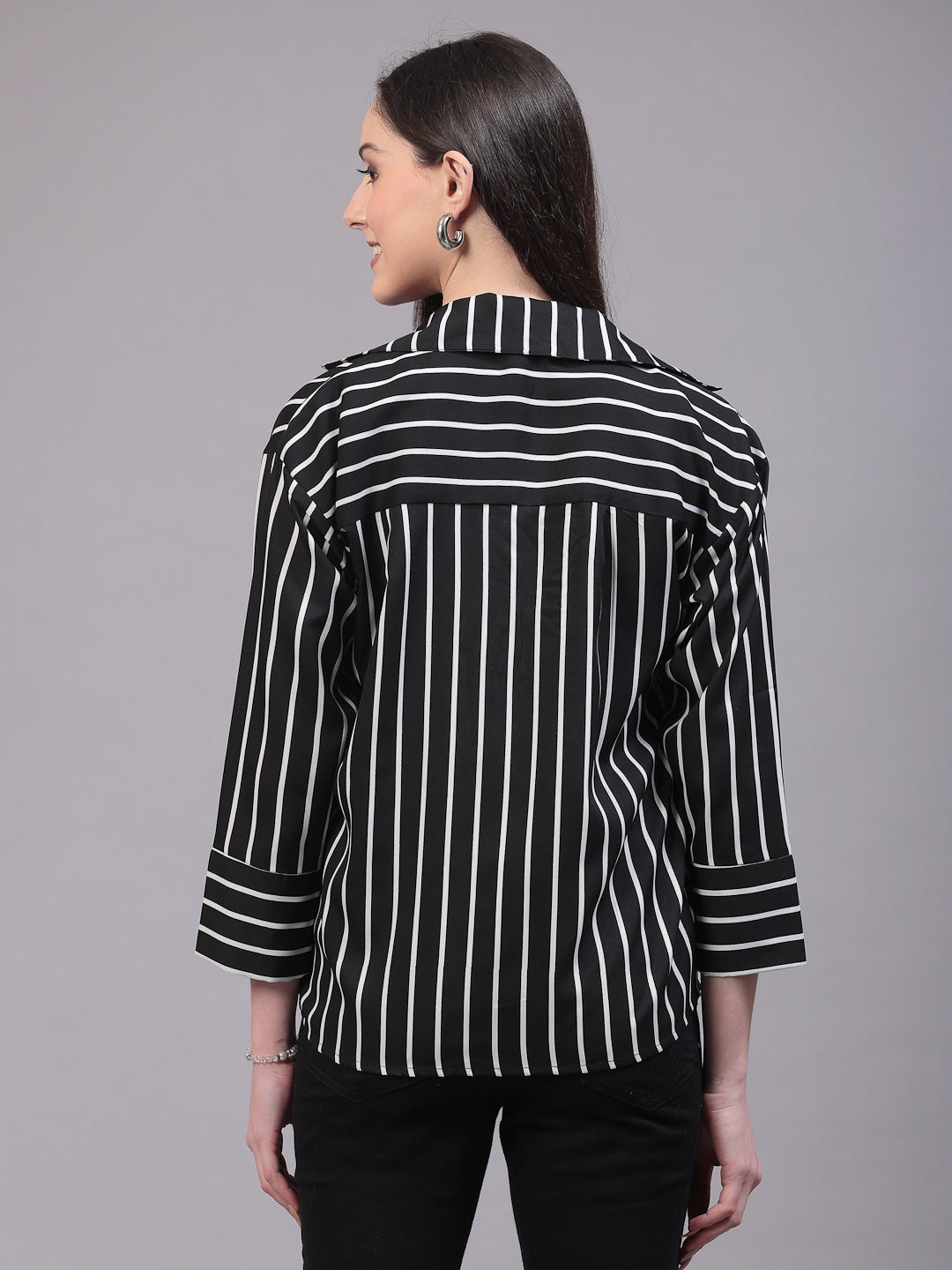 Style Quotient Women Casual Black and White Stripe Spread Collar Full Sleeve Shrug-Shrug-StyleQuotient