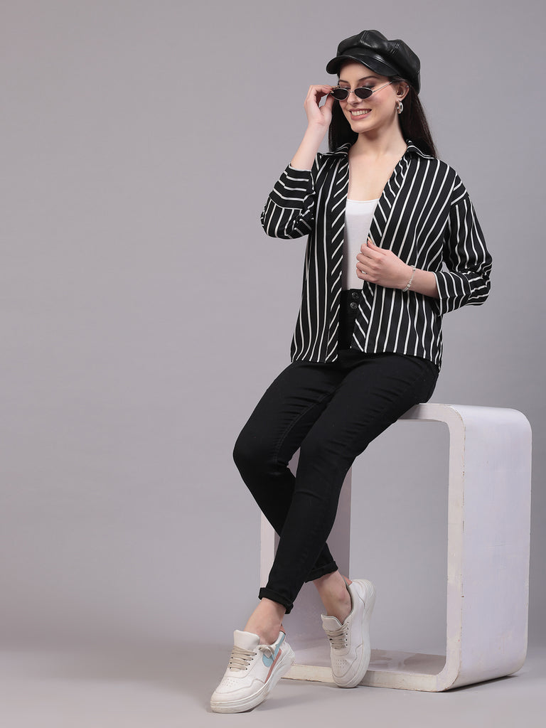 Style Quotient Women Casual Black and White Stripe Spread Collar Full Sleeve Shrug-Shrug-StyleQuotient