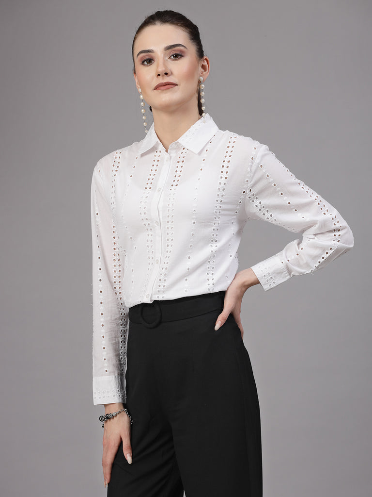Style Quotient Women White Cotton oversized Hakoba Shirt-Shirts-StyleQuotient
