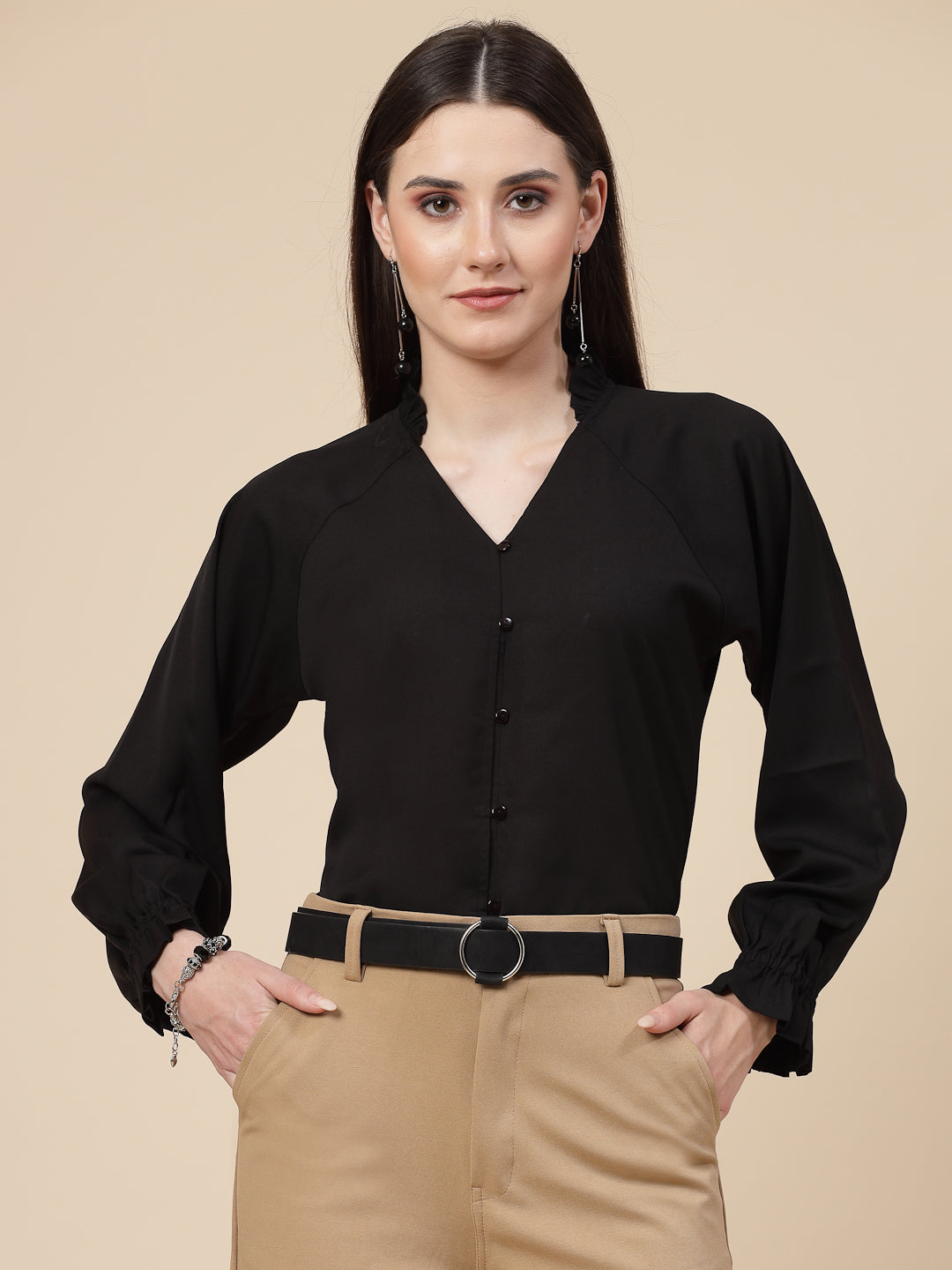 Style Quotient Women Black Regular Fit V-neck Button-down Full sleeves Shirt-Shirts-StyleQuotient