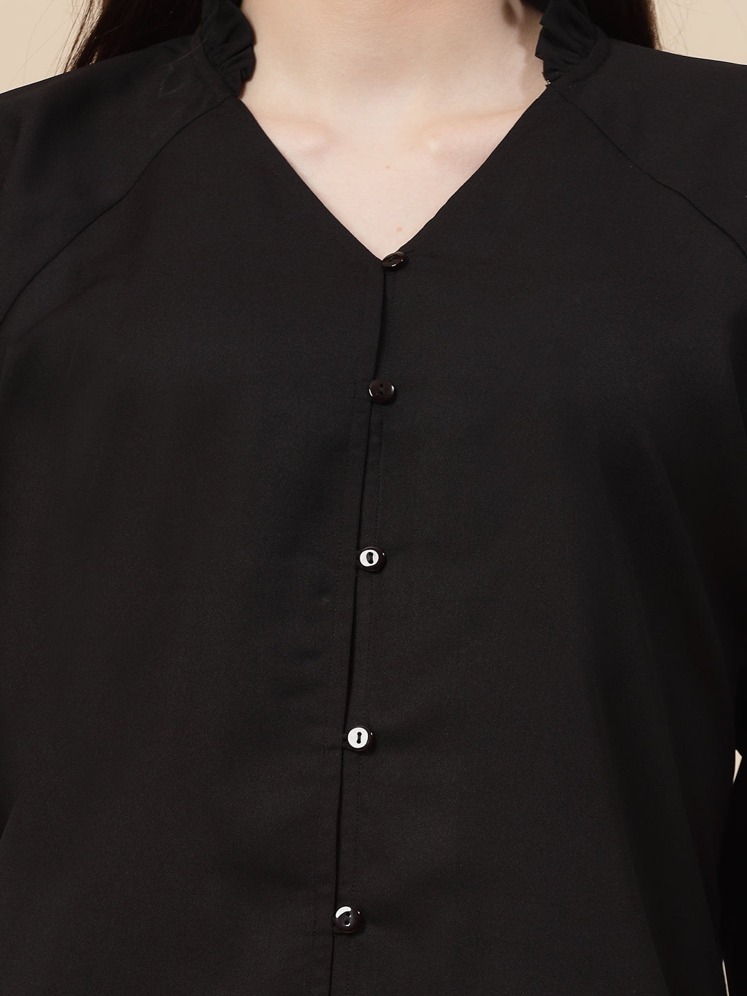 Style Quotient Women Black Regular Fit V-neck Button-down Full sleeves Shirt-Shirts-StyleQuotient