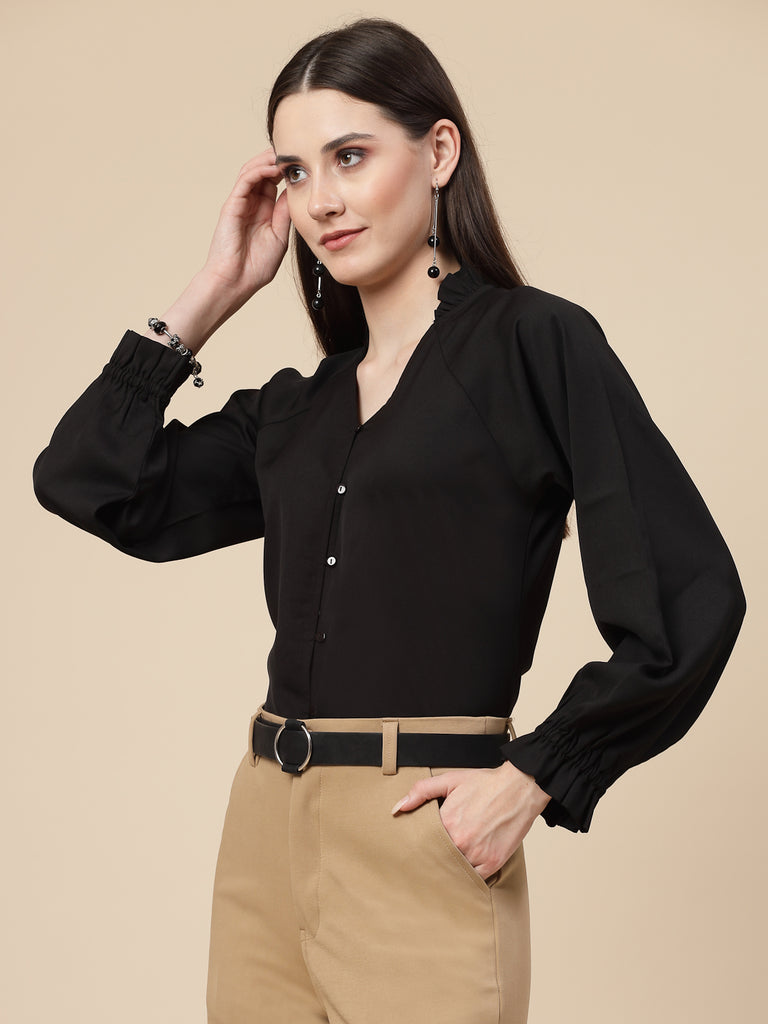 Style Quotient Women Black Regular Fit V-neck Button-down Full sleeves Shirt-Shirts-StyleQuotient