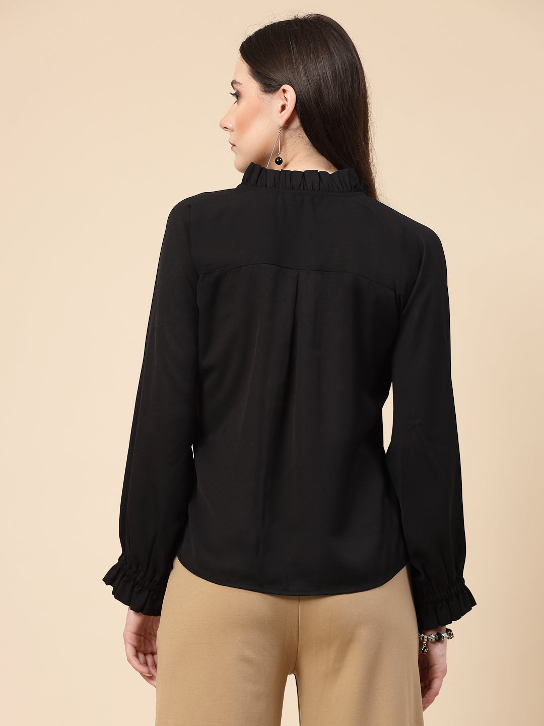 Style Quotient Women Black Regular Fit V-neck Button-down Full sleeves Shirt-Shirts-StyleQuotient