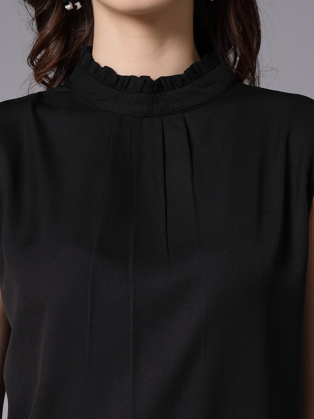 Style Quotient Women Solid Black Polycrepe Smart Casual Top-Tops-StyleQuotient