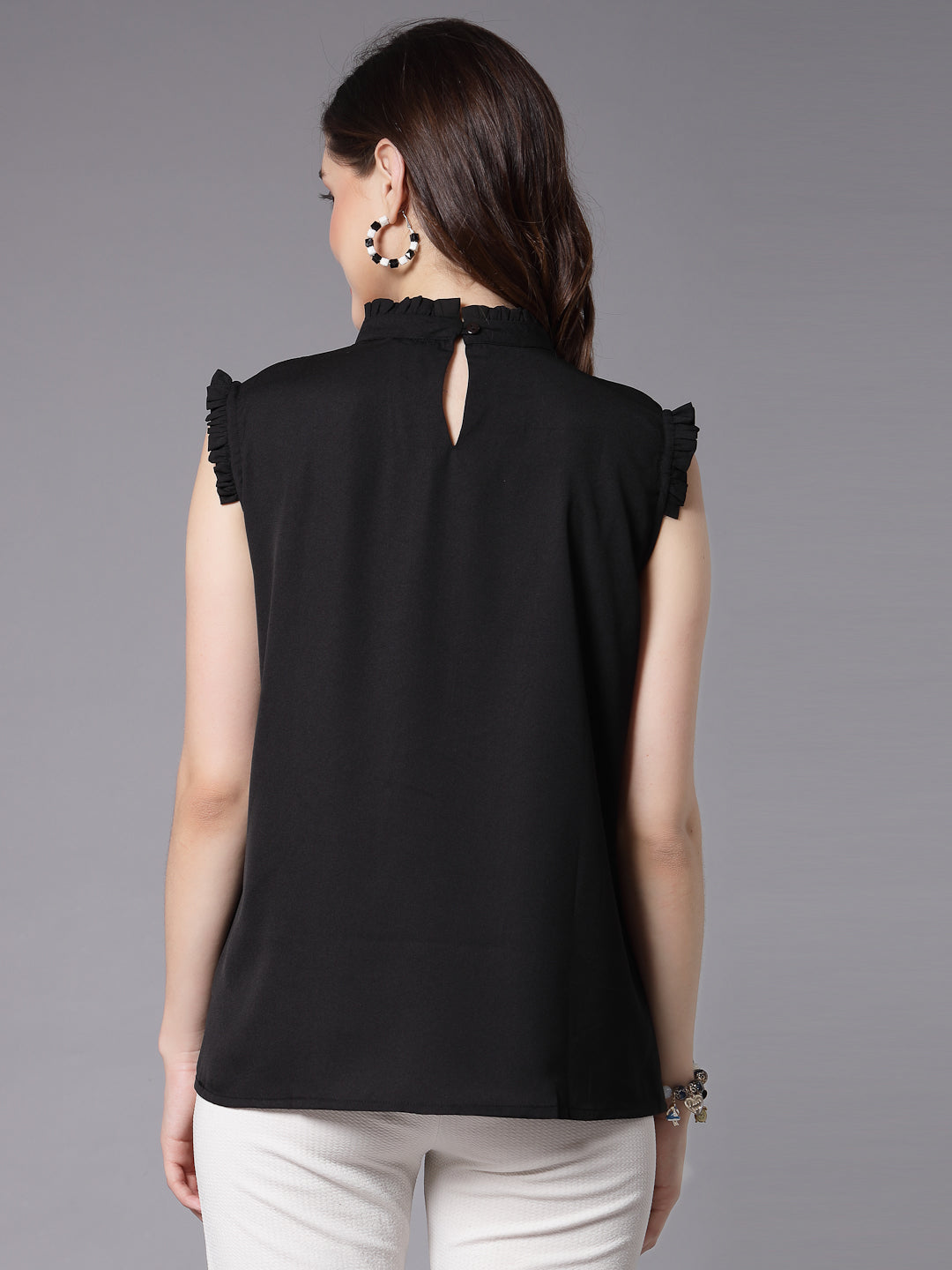 Style Quotient Women Solid Black Polycrepe Smart Casual Top-Tops-StyleQuotient