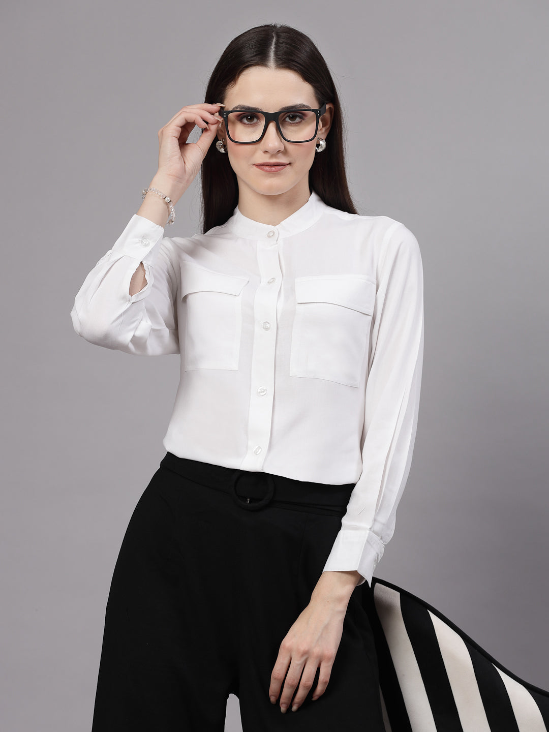 Style Quotient Women Smart White Double Pocket Shirt-Shirts-StyleQuotient