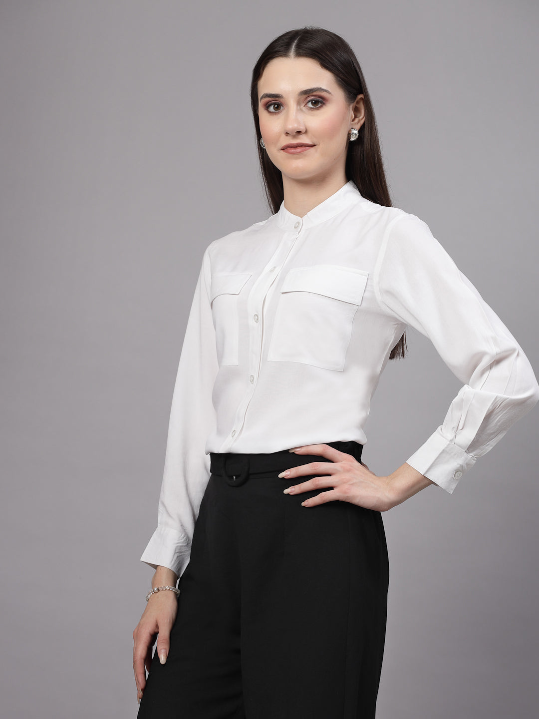 Style Quotient Women Smart White Double Pocket Shirt-Shirts-StyleQuotient