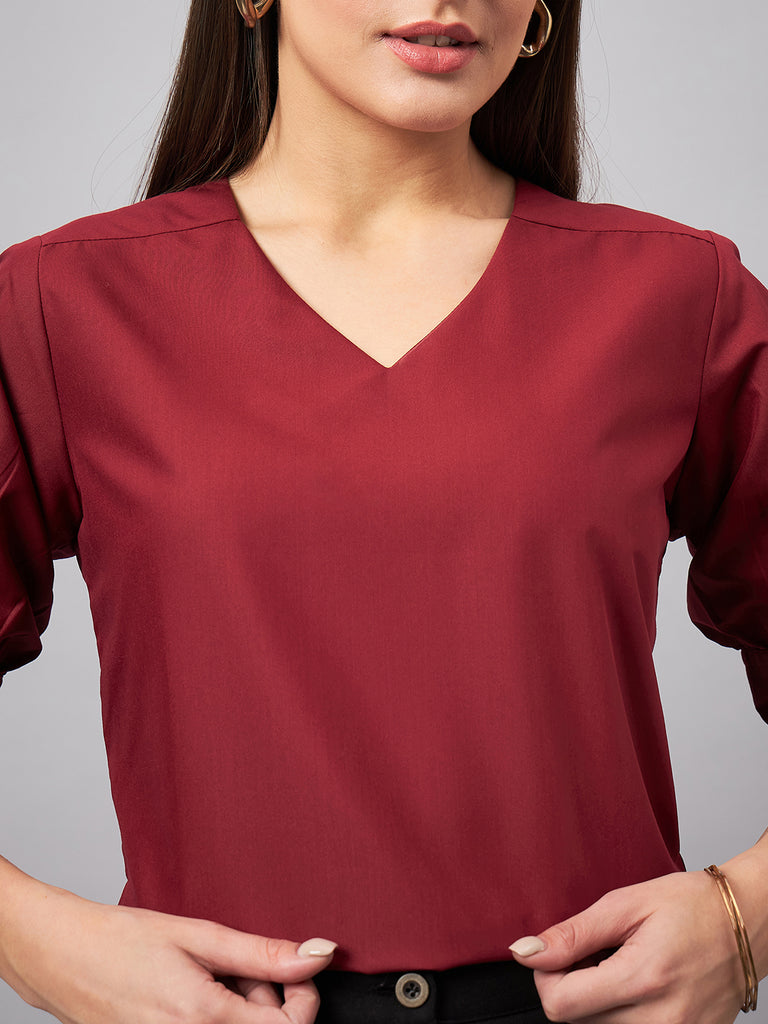 Style Quotient Women Solid Maroon PolyCotton Formal Top-Tops-StyleQuotient