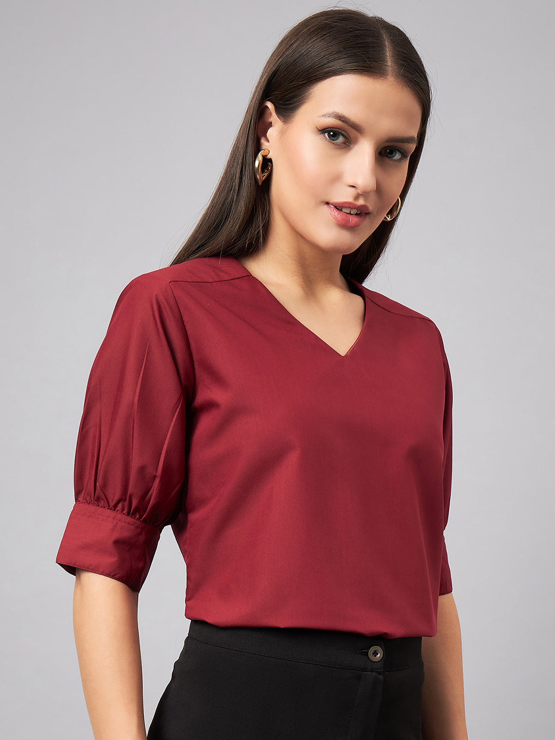 Style Quotient Women Solid Maroon PolyCotton Formal Top-Tops-StyleQuotient