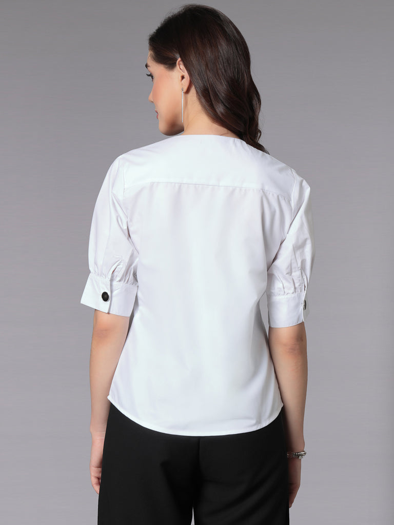 Style Quotient Women Solid White PolyCotton Formal Top-Tops-StyleQuotient