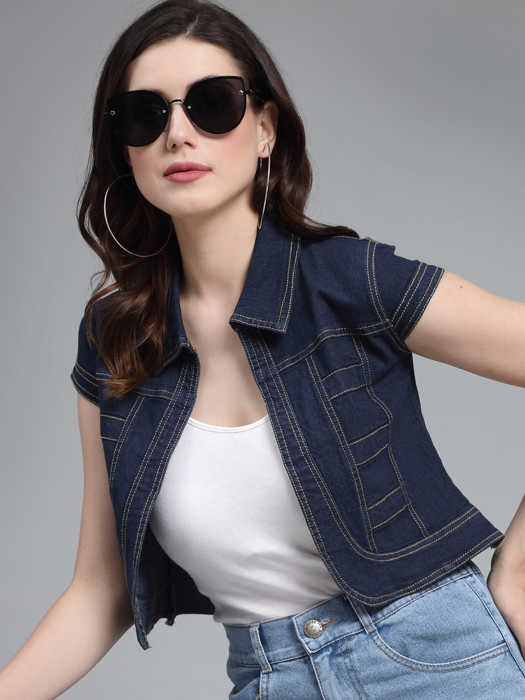 Style Quotient Women Navy Blue Denim Open Front Regular Shrug-Shrug-StyleQuotient