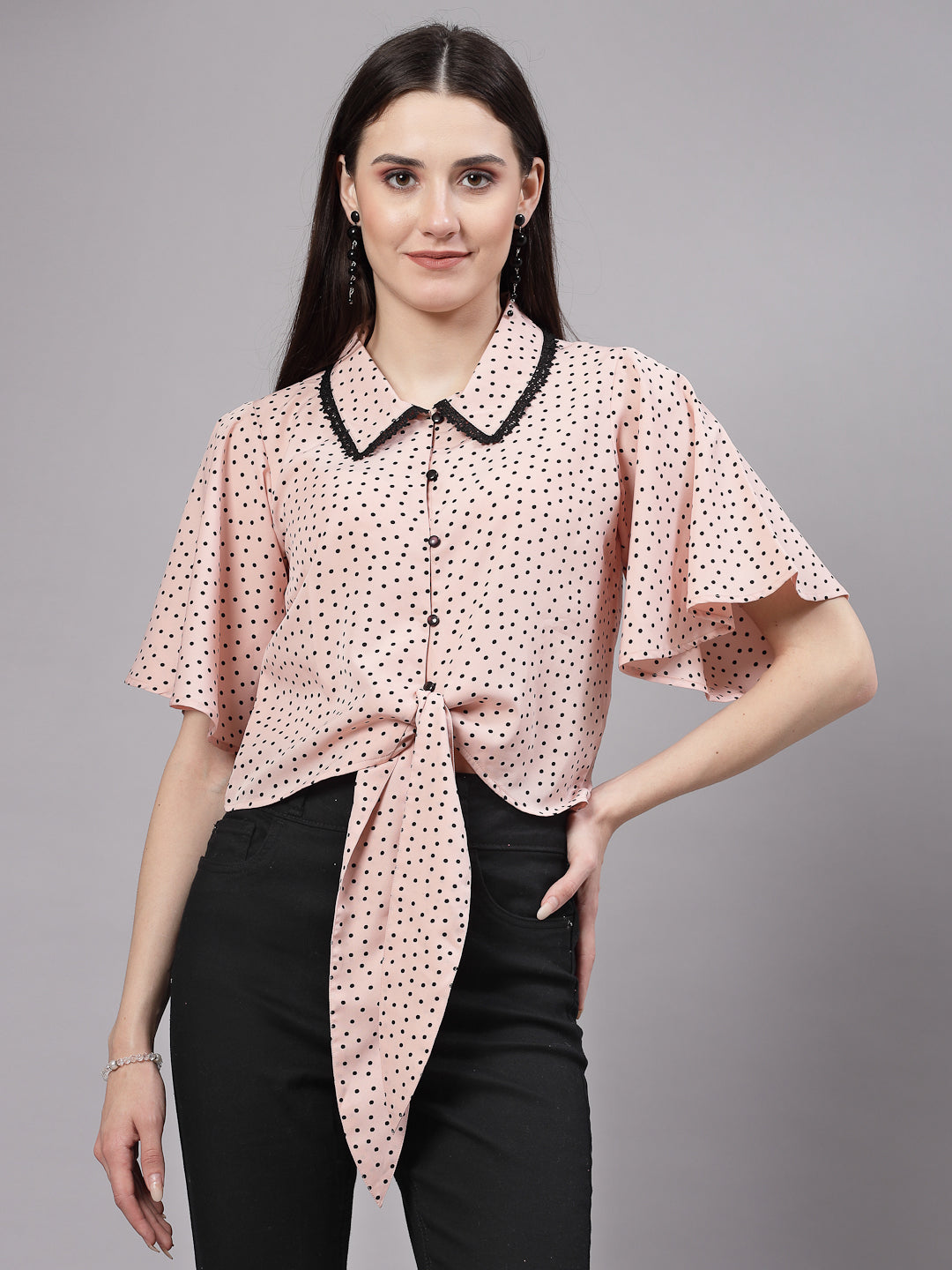 Style Quotient Women Nude And Black Polka Dot Polycrepe Tie Ups Top-Tops-StyleQuotient