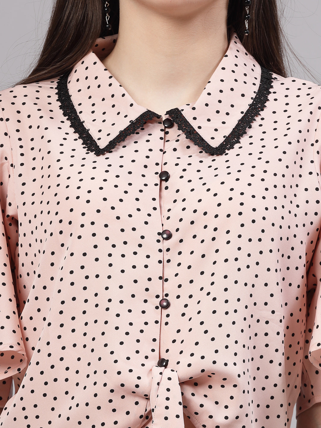 Style Quotient Women Nude And Black Polka Dot Polycrepe Tie Ups Top-Tops-StyleQuotient