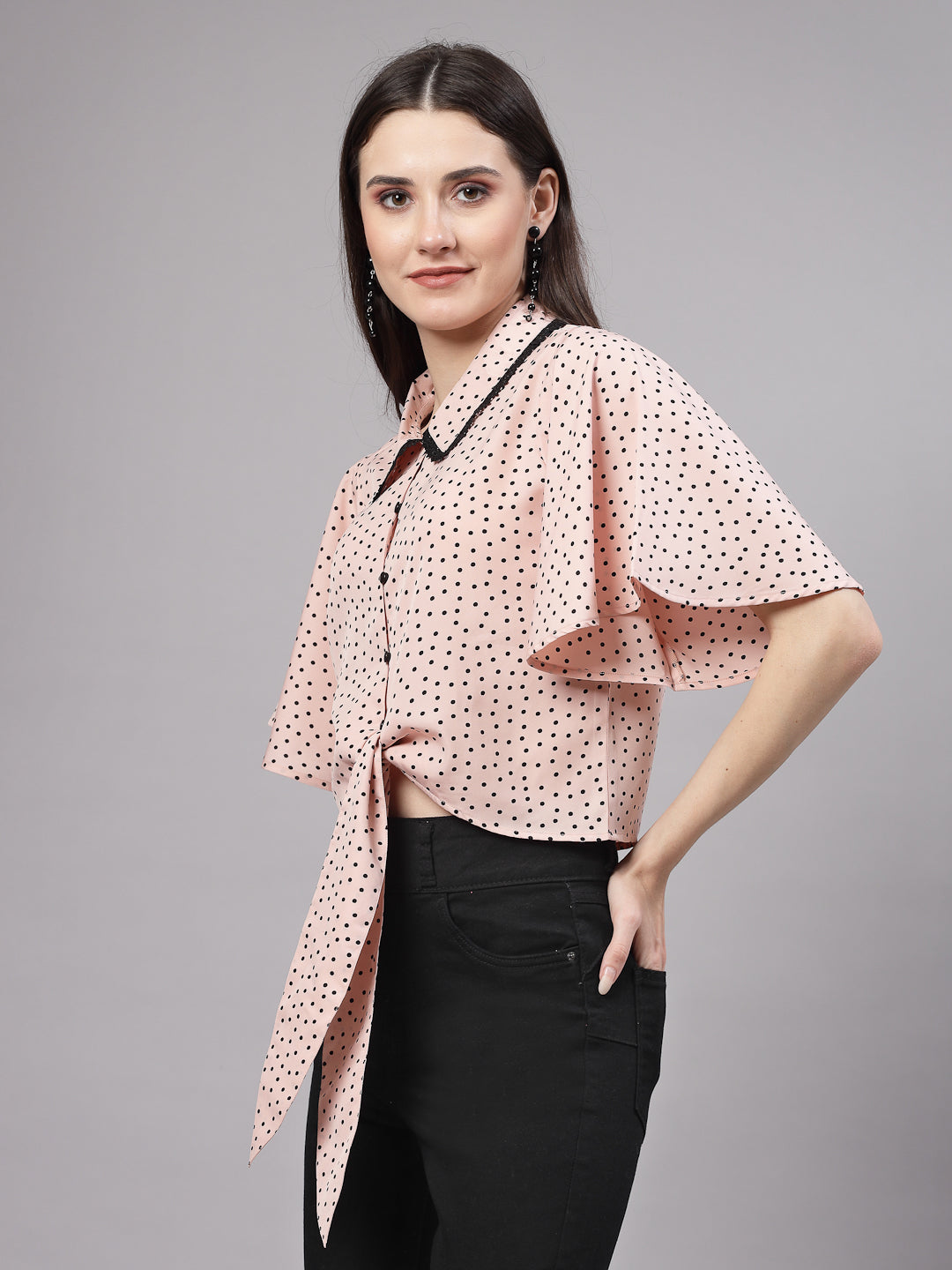 Style Quotient Women Nude And Black Polka Dot Polycrepe Tie Ups Top-Tops-StyleQuotient