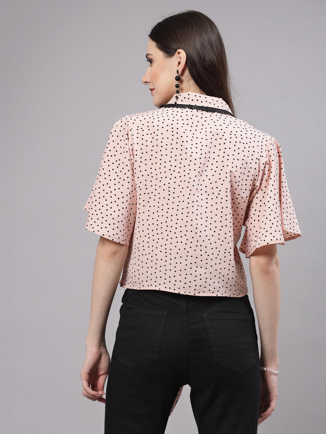 Style Quotient Women Nude And Black Polka Dot Polycrepe Tie Ups Top-Tops-StyleQuotient