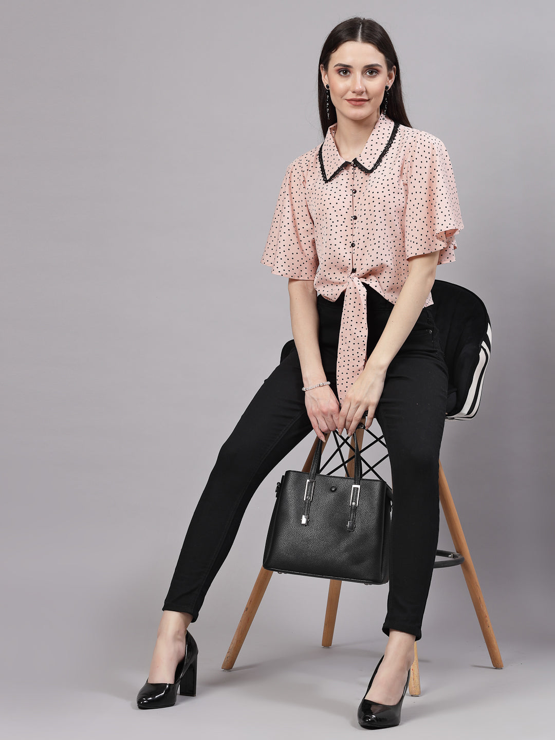 Style Quotient Women Nude And Black Polka Dot Polycrepe Tie Ups Top-Tops-StyleQuotient