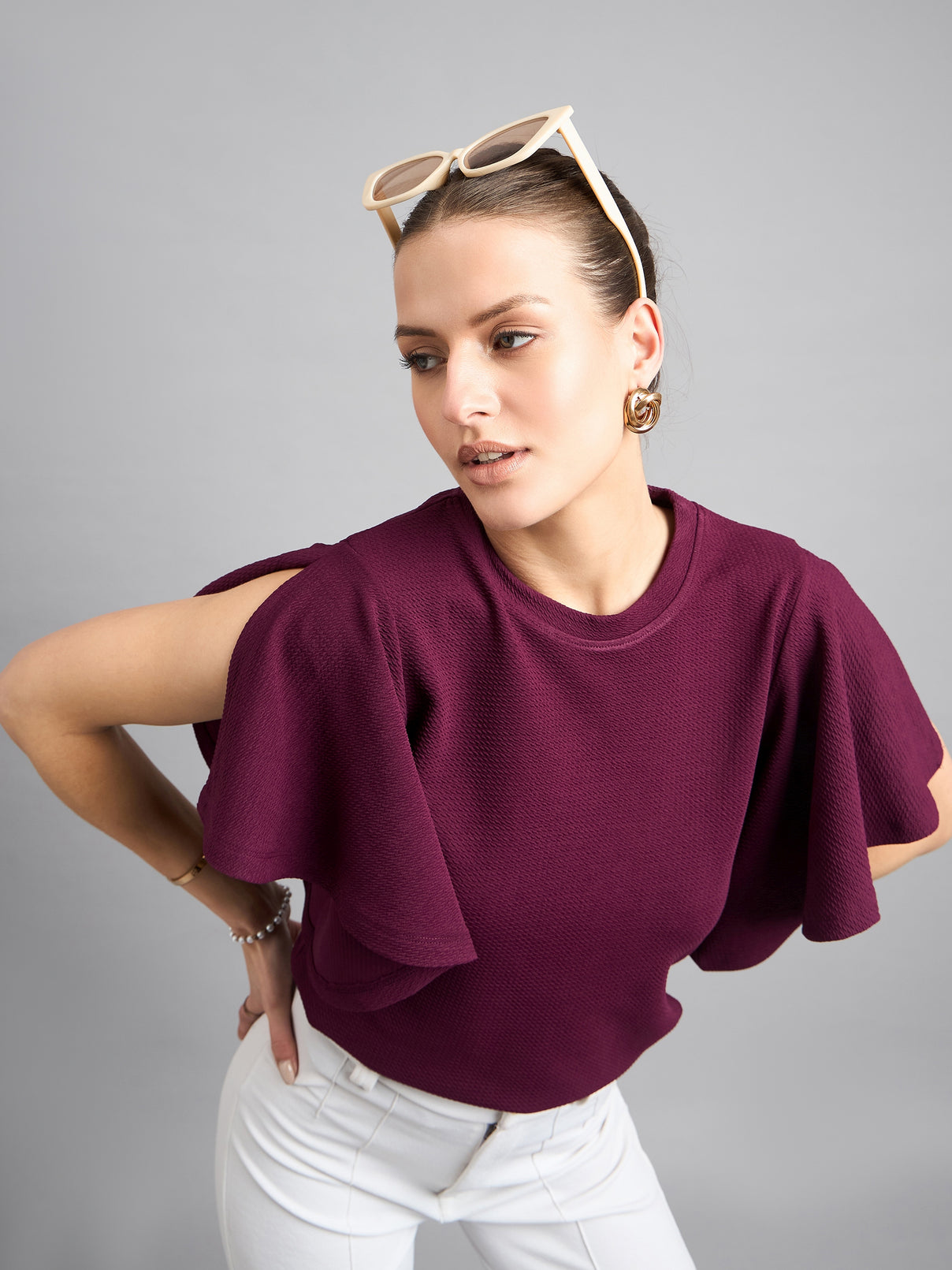 Style Quotient Women Solid Maroon Self Design Polyknit Smart Casual Top-Tops-StyleQuotient