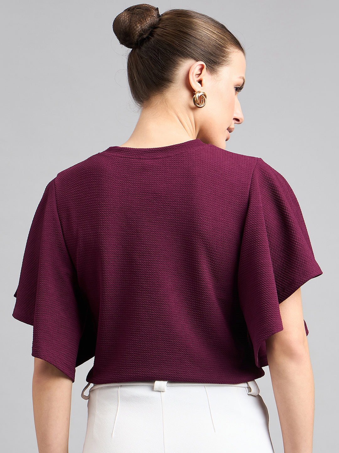 Style Quotient Women Solid Maroon Self Design Polyknit Smart Casual Top-Tops-StyleQuotient