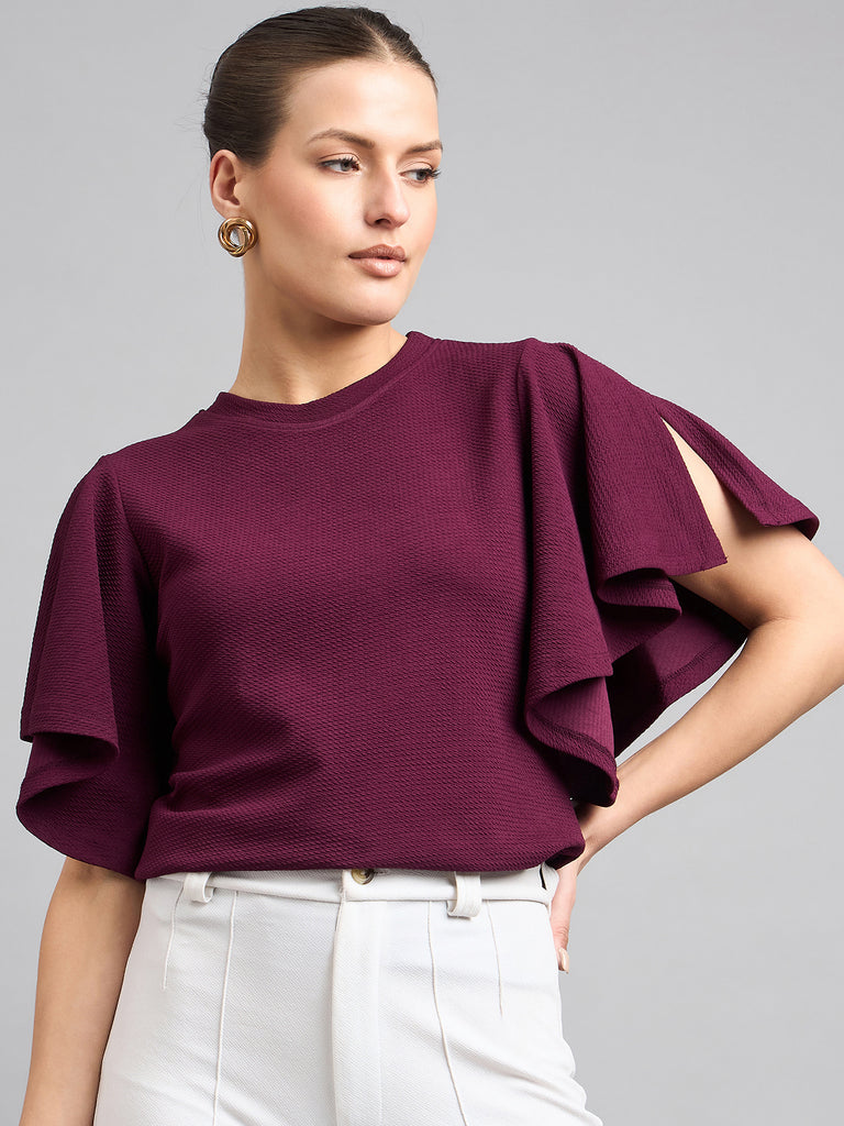 Style Quotient Women Solid Maroon Self Design Polyknit Smart Casual Top-Tops-StyleQuotient