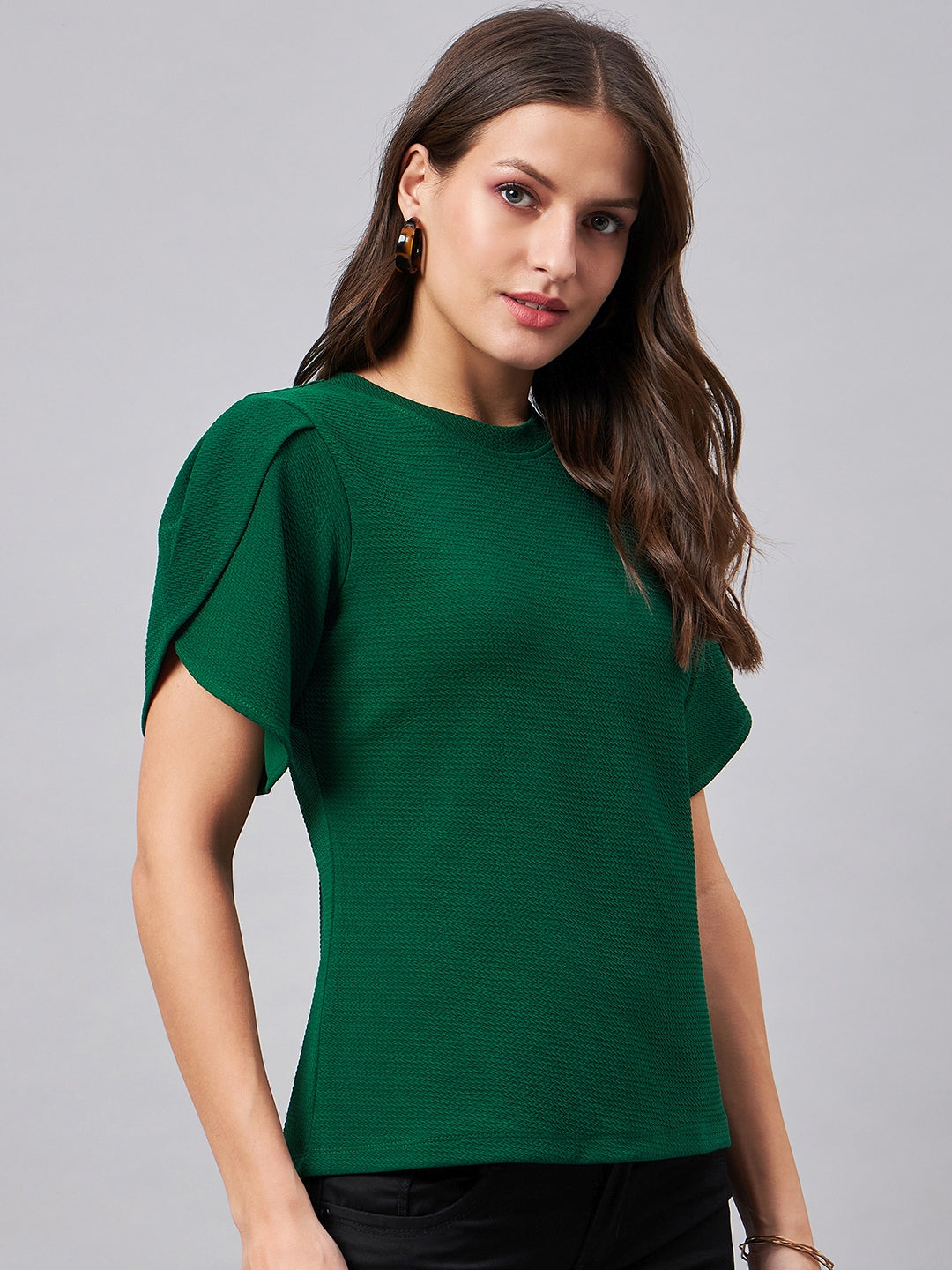 Style Quotient Women Solid Emerald green Poly Knit Smart Casual Regular Top-Tops-StyleQuotient