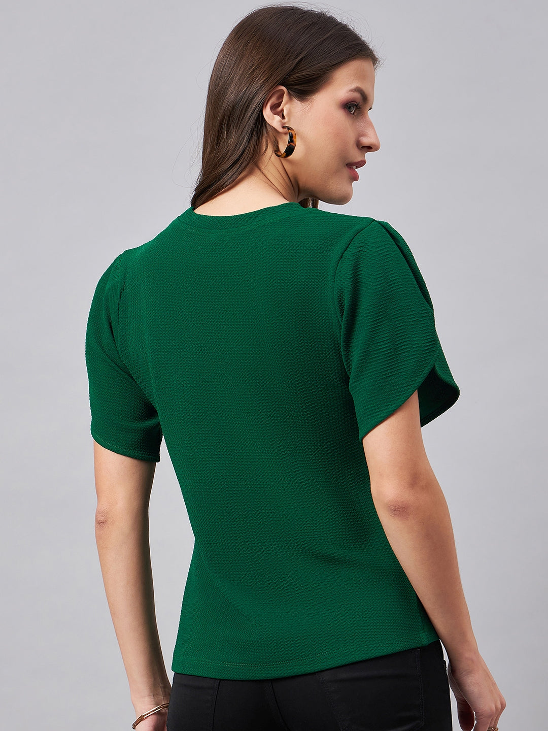 Style Quotient Women Solid Emerald green Poly Knit Smart Casual Regular Top-Tops-StyleQuotient